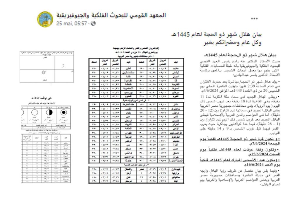 communiqué de la date de aid al adha l'Institut de recherche en astronomie et géophysique en Égypte